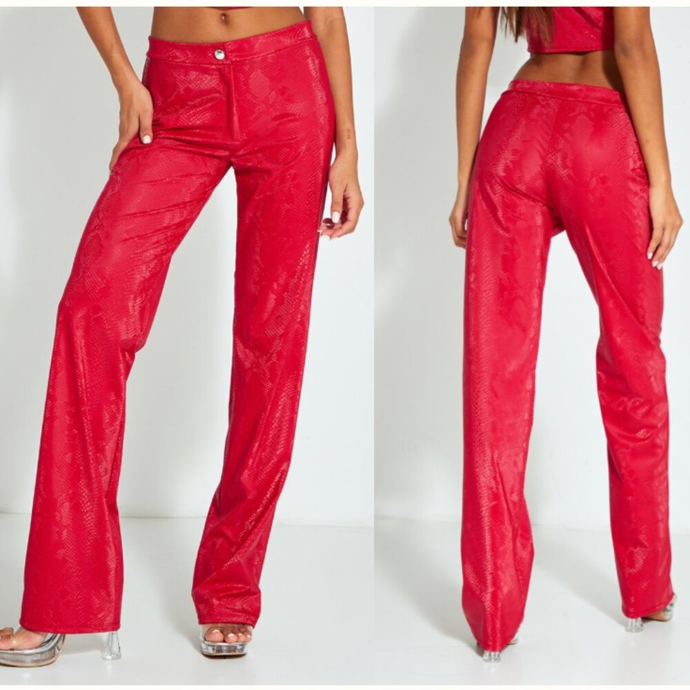 Pretty Little Thing - Red Snakeskin Matte Vinyl High Waist Straight Leg Pants